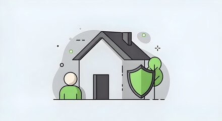 modern flat design illustration of a house, person, and shield, clearly representing the concept of home insurance and property protection