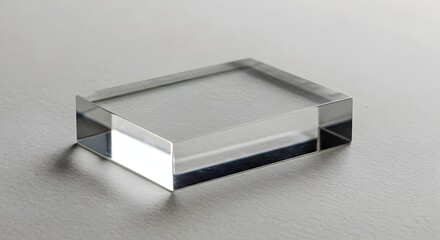 Transparent rectangular glass block on a light surface, featuring soft reflections and refractions in a minimalist abstract composition with clean geometr