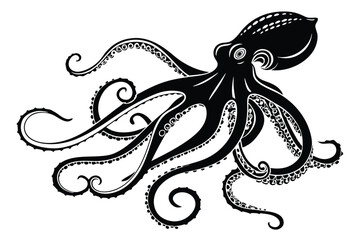 Striking black octopus extends curly tentacles in this dramatic marine life depiction