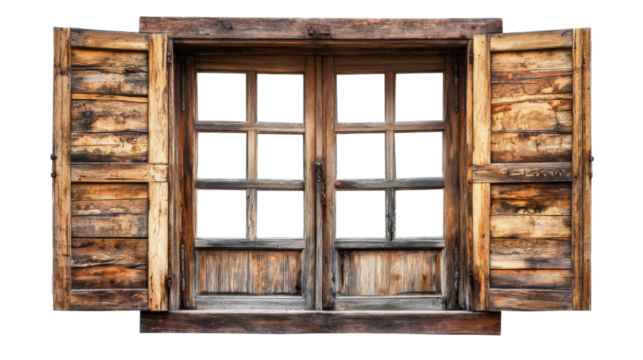 Rustic wooden window with open shutters show on white background