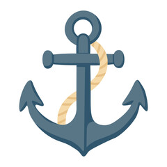 Cartoon anchor with rope in flat marine style. Vector nautical illustration for summer design.