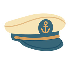 Flat cartoon captain hat with anchor symbol. Vector marine illustration in nautical summer style.