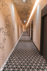 Well lit hotel corridor with gray and white geometric carpet, line art world map on walls and ceiling, dark framed doors, and recessed lighting.