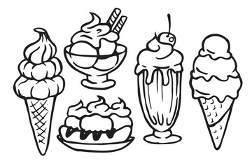 
Set of desserts with ice cream. Milkshake, ice cream in a waffle cone, whipped cream. Vector doodle illustration