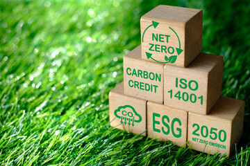 Wooden blocks stacked on green grass with icons for Net Zero, Carbon Credit, ISO 14001, ESG, and...