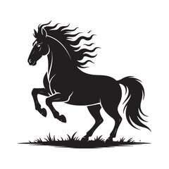 Wild horse silhouette with flowing flame-like mane, powerful stallion icon isolated on white background.