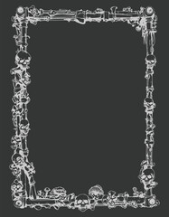pipe and head skull vector frame for your design, metal frame horror frame