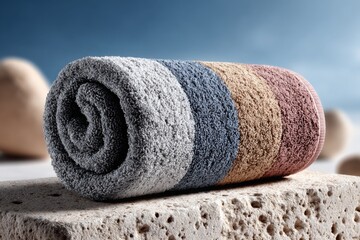 Rolled Multi Colored Bath Towel on Stone Spa Beach Relaxation