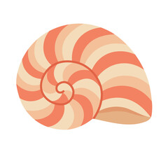 Obraz premium Cartoon spiral shell in flat marine style. Vector illustration with striped red and beige pattern.