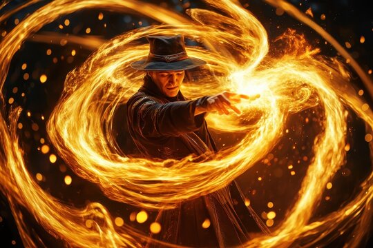 Powerful sorcerer casting a vibrant magic spell amidst swirling flames and glowing orbs in an enchanted forest setting at twilight