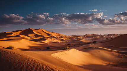 Expansive sand dunes stretch across the horizon, capturing the warm hues of sunset. Golden sands flow gently in the soft light. Concept of travel, adventure, outdoor exploration