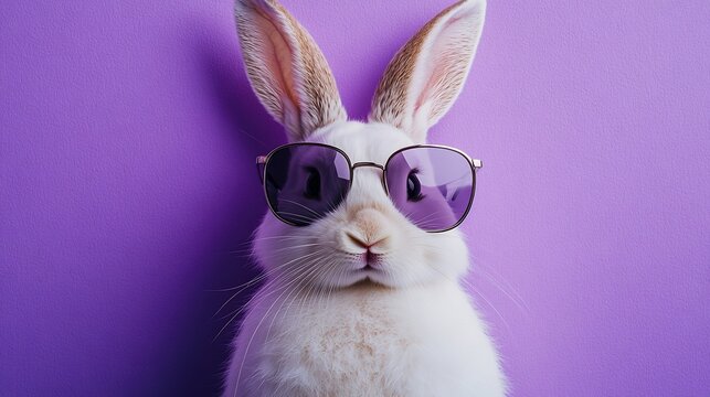 A white rabbit wearing trendy purple sunglasses against a vibrant purple background - Powered by Adobe