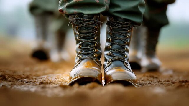 Close-Up of Military Boots Marching on Sandy Ground with Soldiers in Uniform in Background