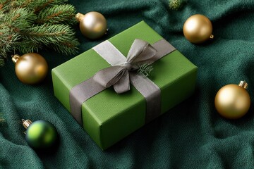 Green gift box with grey ribbon on a green cloth surrounded by golden and green ornaments and evergreen sprigs