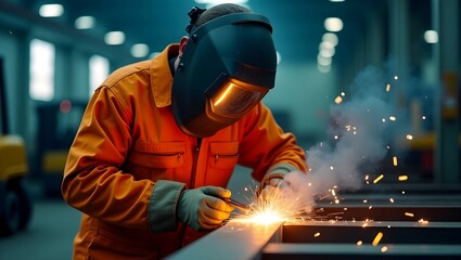 welder at work in factory, worker welding metal, worker welding steel, welder working in the workshop, 