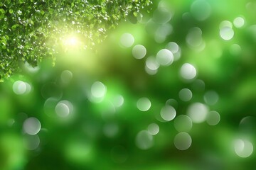 Fototapeta premium Green leaves with bokeh lights surround a bright sunlight in this blurred outdoor view