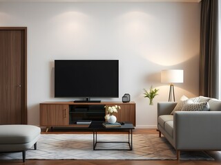 Modern Living Room Interior Mockup with TV Cabinet, Lamp, Table, and Indoor Plants