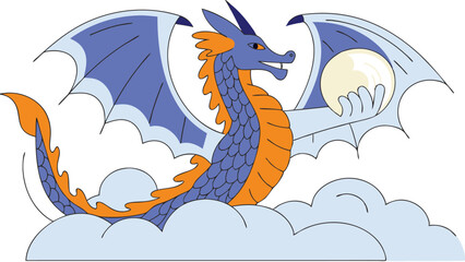 Cartoon Dragon Holding Pearl in Clouds