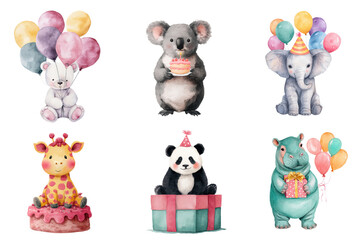 Six adorable watercolor animals celebrating a birthday with balloons and gifts transparent background