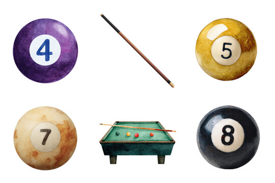 Watercolor illustration of billiard balls numbers 4 5 7 8 pool cue and table transparent background