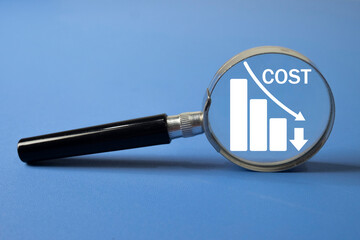 Magnifying glass focusing on a cost reduction chart. Concept for business expense management,...
