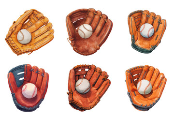 Six Watercolor Baseball Gloves with Balls on Transparent Background