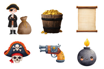 Cartoon Pirate Boy Gold Coins Wooden Bucket Scroll Pirate Hat Skull Pistol Bomb Transparent Background