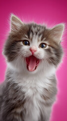 Fluffy gray kitten yawns widely with a playful demeanor. Bright pink background adds vibrant contrast, enhancing the kitten's fur and expression