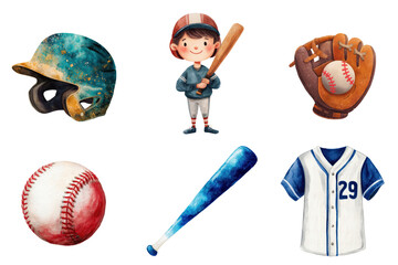 Watercolor illustration of baseball equipment a boy a helmet a bat a glove and a jersey on transparent background