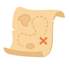 Cartoon treasure map with path and red cross. Flat vector illustration in vintage pirate style.