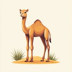 Naklejka premium Camel standing on sandy terrain with sparse vegetation in a desert setting during daylight