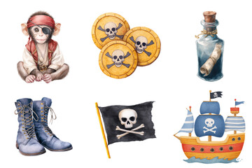 Watercolor Pirate Set Monkey Boots Coins Flag Bottle Ship with transparent background