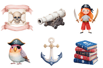 Watercolor Pirate Collection Girl Pirate Cannon Skull Anchor Books Parrot Transparent Background