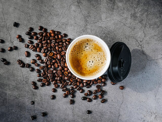 Coffee crema espresso in paper Coffee cup and bean on gray background, Top view of Espresso in ...