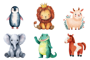 Adorable Watercolor Animals Collection Lion with Crown Goat Penguin Elephant Crocodile Horse transparent background