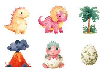 Cute Cartoon Dinosaurs Watercolor Illustrations Palm Tree Volcano Egg Transparent Background