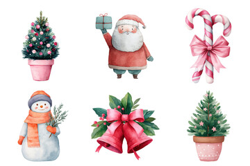 Watercolor Christmas Clipart Collection Santa Claus Christmas Trees Snowman Candy Canes Bells transparent background