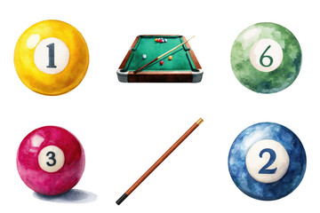 Watercolor illustration of pool balls numbers 1 2 3 6 billiard cue and table transparent background