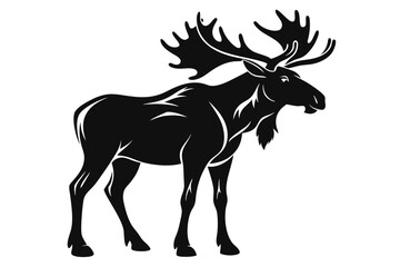Majestic moose with large antlers stands gracefully in black silhouette against a white background