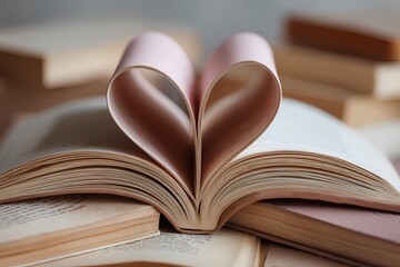 Naklejka premium An open book lying on top of other books. Two pages are folded inward, forming a heart shape.