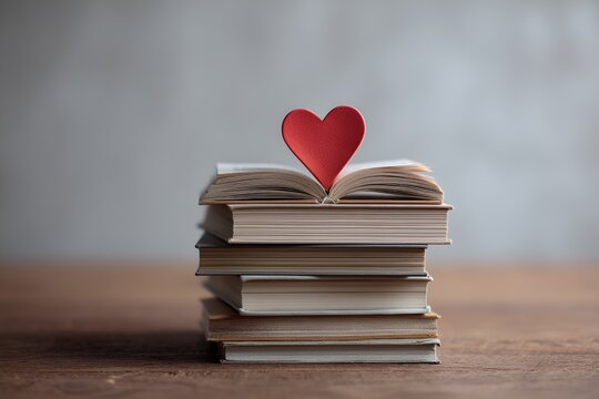 A stack of books on a wooden surface. The top book is open, there is a red heart between the pages