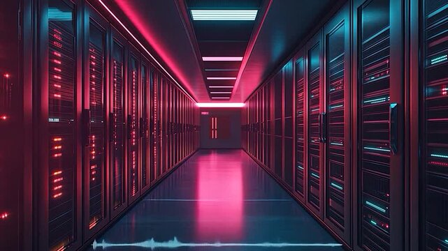 Long, empty corridor of a network server room with servers and cables, stretching into the distance
