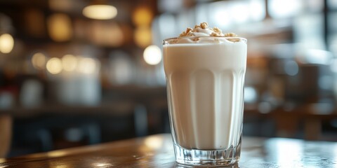 Creamy drink topped with granola in a cozy cafe during the afternoon