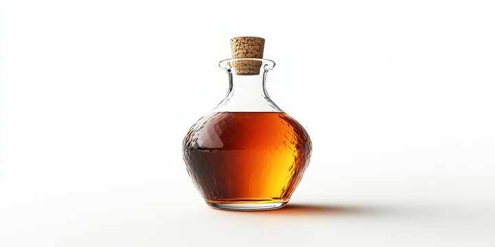Elegant glass bottle holds rich amber liquid with a cork stopper, showcasing a minimalist design in bright light