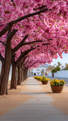 Blooming cherry trees create a colorful canopy over a tranquil sidewalk. Flower planters add charm to the pathway under clear skies. Concept of landscaping, outdoor spaces, garden design
