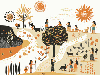 Vector Scene of Indigenous Communities Engaging with Nature — Farming, Storytelling Beneath Trees, and Preserving Traditions with Symbolic Sun, River, and Wildlife