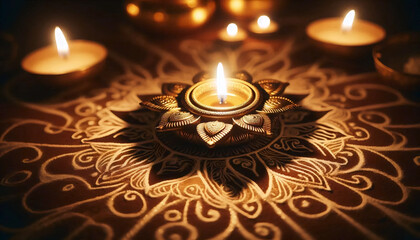A diya lamp with Rangoli patterns around it, Ai generated image