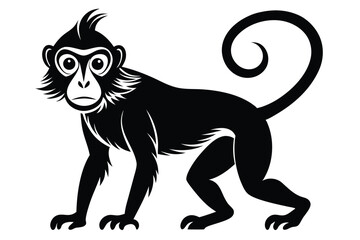 Elegant black monkey poses attentively, showcasing a stylized curved tail and distinctive facial features