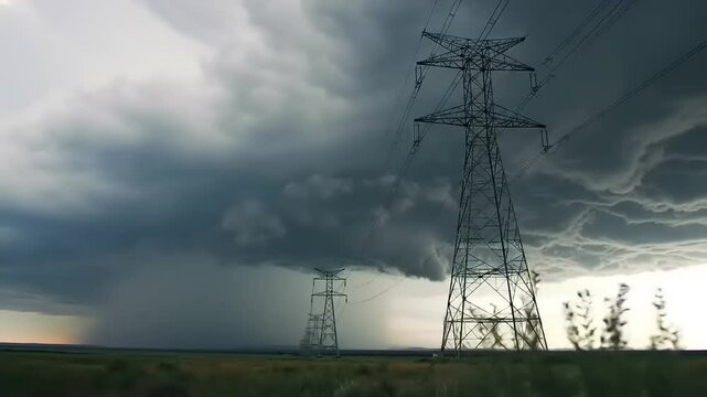 Dramatic storm clouds gather over a vast landscape with power lines, foreshadowing a downpour