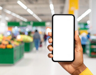 Mockup of Phone in Woman&rsquo;s Hand Showing White Screen for App or UI Design Presentation